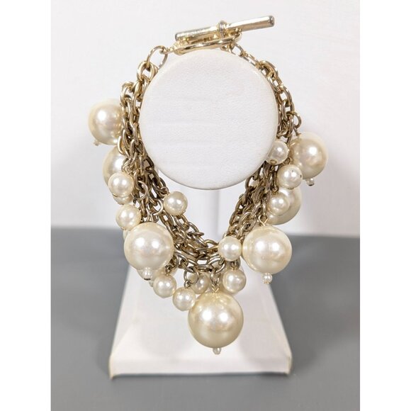 Retro Faux Pearl Charm Triple Chain ChaCha Bracelet Gold Tone Elegant 7" - Picture 2 of 11